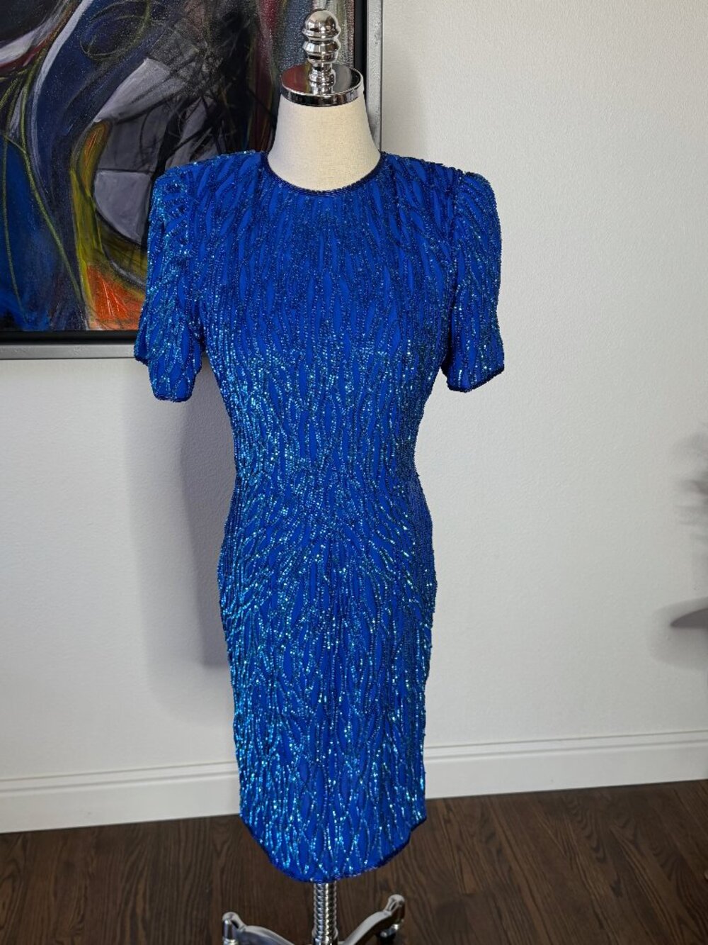 Vintage Stenay 1980s Silk Royal Blue Heavily Beaded Sequin Cocktail Dress sz 6